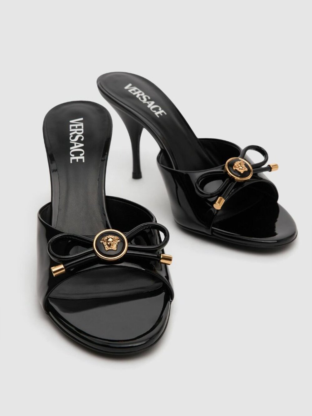 NIB Versace Opera Bow 85MM Patent Leather Mules Black, Size 37.5, $950 Retail